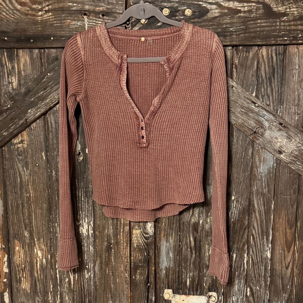 Free People Long Sleeve Waffle Henley — Rust Brown
